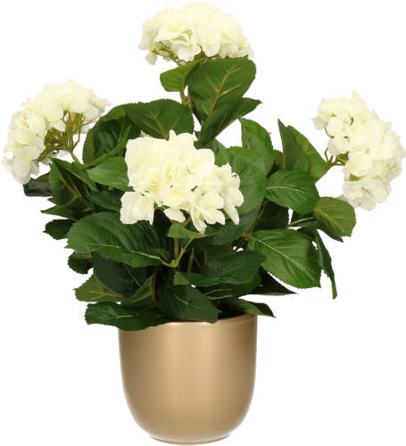 Mica Decorations Hortensia kunstplant/kunstbloemen 45 cm - wit - in pot goud glans - Kunstplanten
