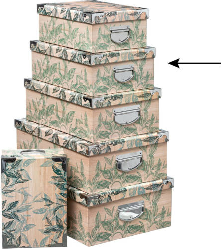 5five Opbergdoos/box - Green leafs print op hout - L36 x B24.5 x H12.5 cm - Stevig karton - Leafsbox - Opbergbox