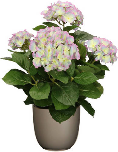 Mica Decorations Hortensia kunstplant/kunstbloemen 45 cm - paars/groen - in pot taupe mat - Kunstplanten