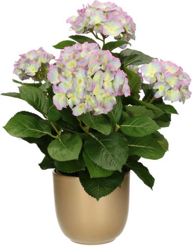 Mica Decorations Hortensia kunstplant/kunstbloemen 45 cm - paars/groen - in pot goud glans - Kunstplanten