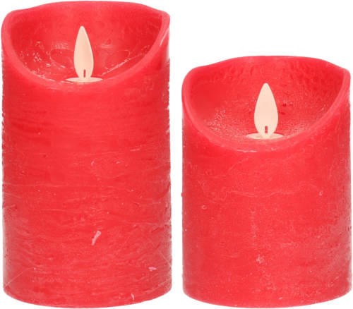 Anna's Collection LED kaarsen/stompkaarsen - set 2x - rood - H10 en H12,5 cm - bewegende vlam - LED kaarsen