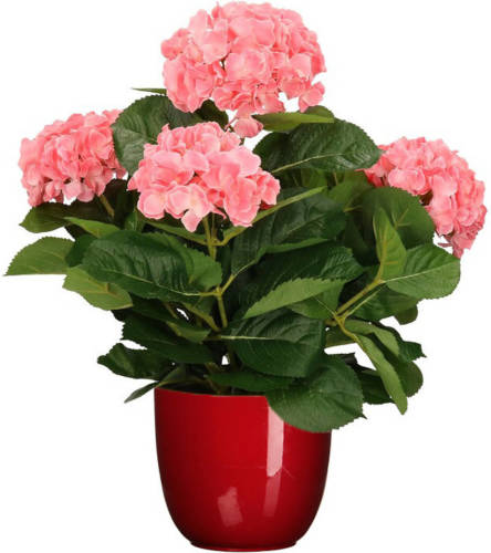 Mica Decorations Hortensia kunstplant/kunstbloemen 45 cm - roze - in pot rood glans - Kunstplanten