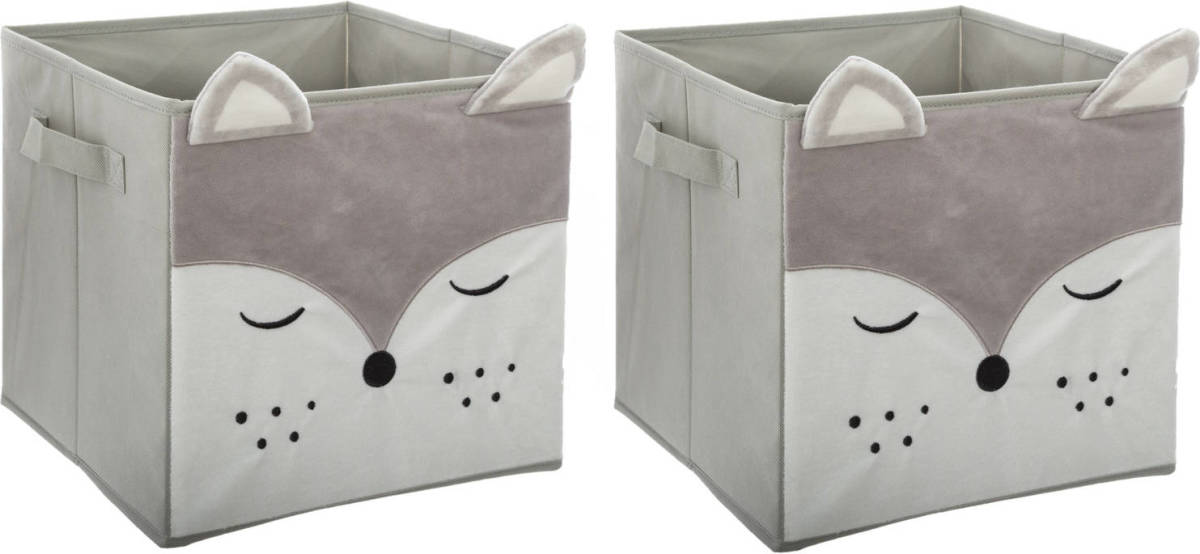 Atmosphera Opbergmand/kastmand vos - 2x - voor kinderen - karton/kunststof - grijs - 30 x 30 cm - Opbergmanden