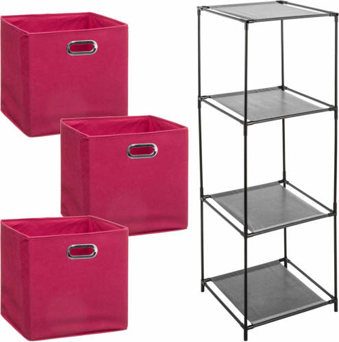 Bathroom Solutions Kastmandjes/opberg mandjes - roze - 3x stuks van 29 Liter - In rekje van 34 x 98 cm - Opbergmanden