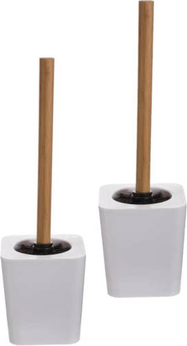 5five 2x stuks WC-/toiletborstel met houder wit kunststof/bamboe 38 cm - Toiletborstels