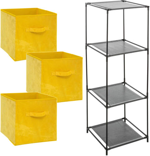 Bathroom Solutions Kastmandjes/opberg mandjes - geel velours - 3x stuks van 29 Liter - In rekje van 34 x 98 cm - Opbergmanden