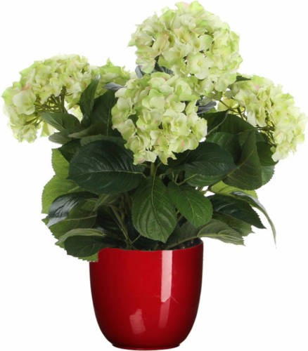 Mica Decorations Hortensia kunstplant/kunstbloemen 45 cm - groen - in pot rood glans - Kunstplanten