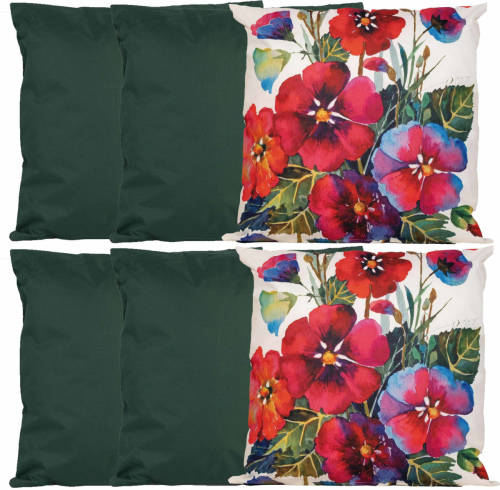 Anna's Collection Bank/tuin kussens set - voor binnen/buiten - 6x stuks - groen/flowers print - 45 x 45 cm - Sierkussens