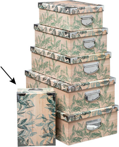 5five Opbergdoos/box - Green leafs print op hout - L28 x B19.5 x H11 cm - Stevig karton - Leafsbox - Opbergbox