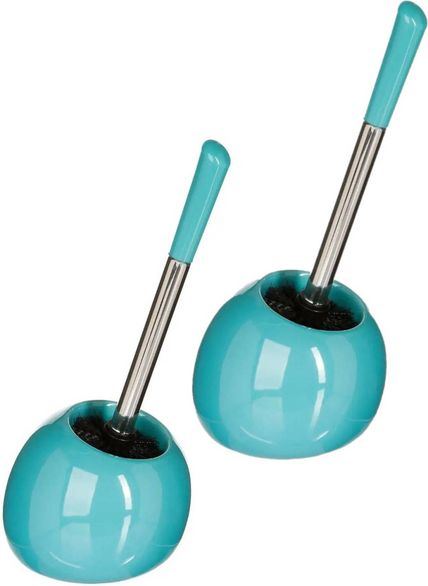 5five 2x stuks WC-/toiletborstel met houder rond turquoise glans keramiek 36 cm - Toiletborstels