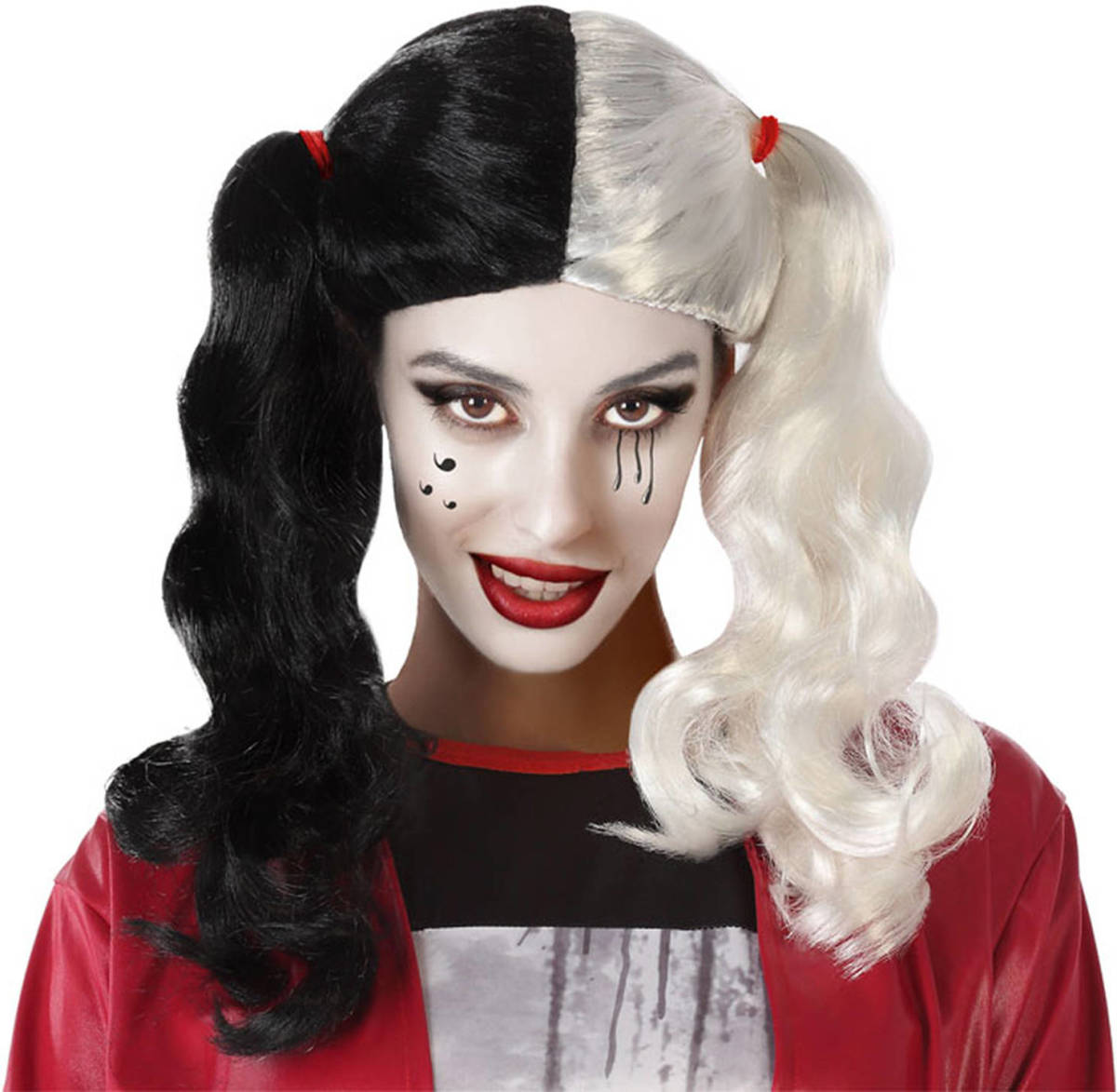 Atosa Halloween verkleedpruik lang haar met staartjes - zwart/wit - dames - Verkleedpruiken