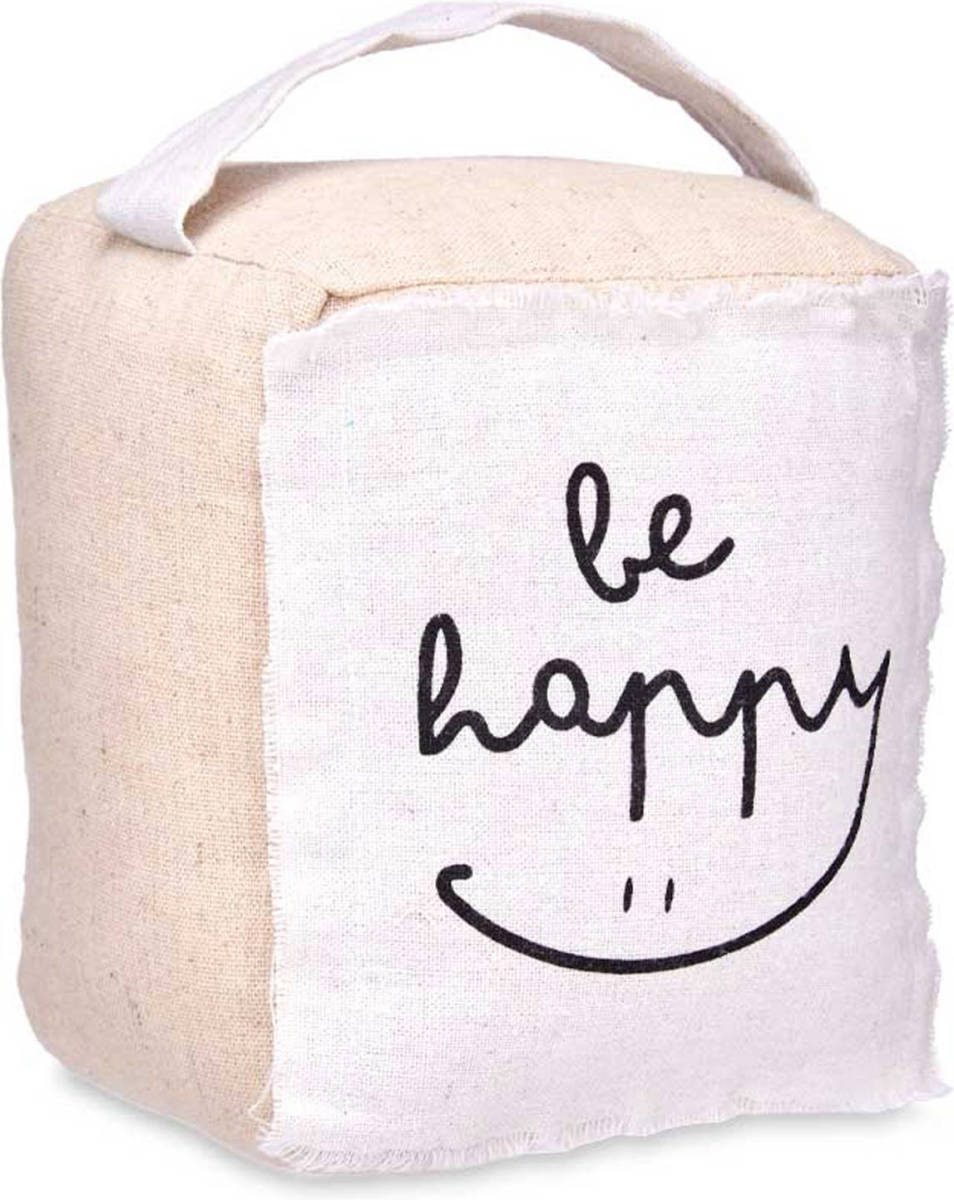 Giftdeco r Deurstopper - 1 kilo - beige - canvas - Be happy -A 14,5 x 16 x 19 cm - Deurstoppers