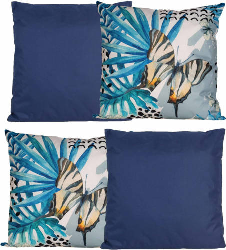 Anna's Collection Bank/tuin kussens set - voor binnen/buiten - 4x stuks - donkerblauw/tropical print - 45 x 45 cm - Sierkussens