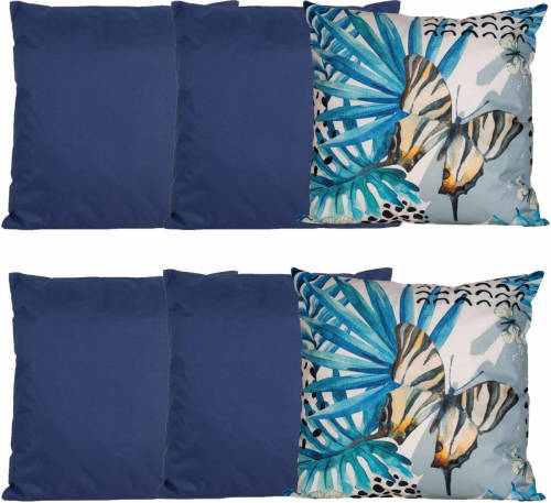 Anna's Collection Bank/tuin kussens set - voor binnen/buiten - 6x stuks - donkerblauw/tropical print - 45 x 45 cm - Sierkussens