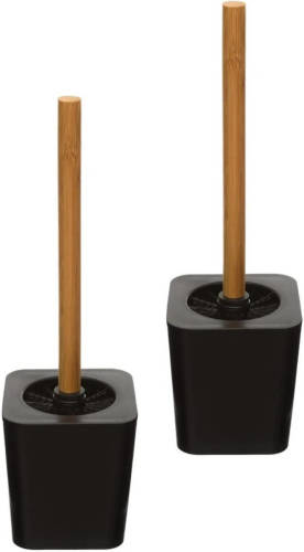 5five 2x stuks WC-/toiletborstel met houder zwart kunststof/bamboe 38 cm - Toiletborstels
