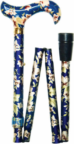 Classic Canes Opvouwbare Wandelstok - Donkerblauw - Bloemen - Aluminium - Derby Handvat - Lengte 82 - 92 cm