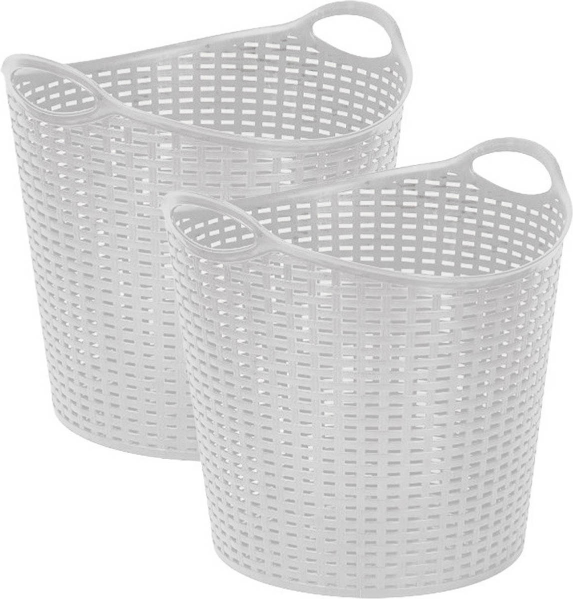 Forte Plastics Plasticforte Gevlochten wasmand/opbergmand - 2x - flexibel - ivoor wit - 27 liter - rond - kunststof - Wasmanden