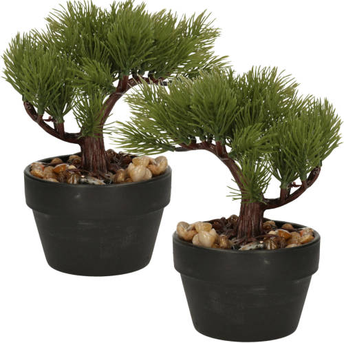 H&S Collection Kunstplant Bonsai boompje in pot - 2x - Japans decoratie - 19 cm - Type Needle - Kunstplanten