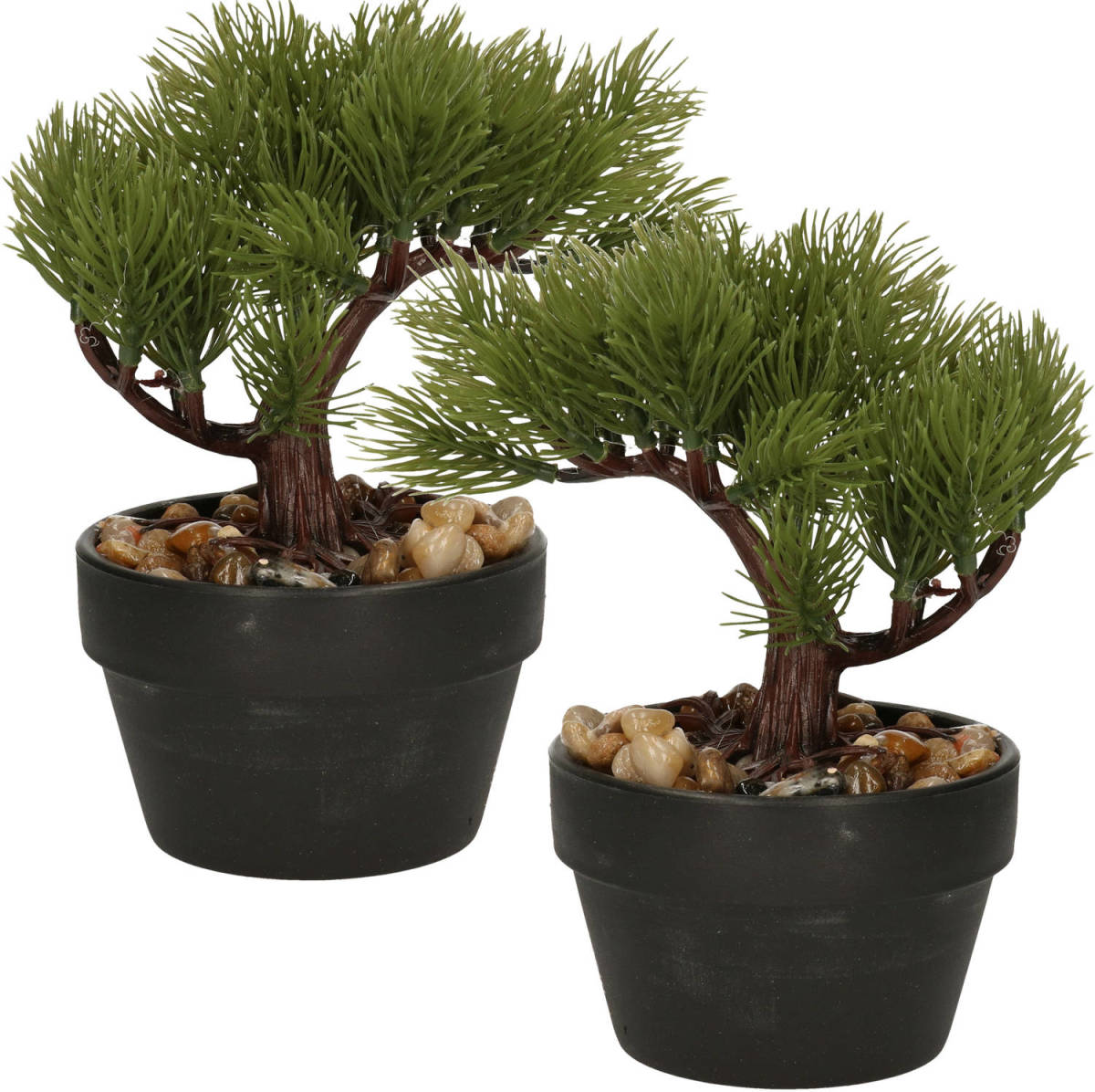 H&S Collection Kunstplant Bonsai boompje in pot - 2x - Japans decoratie - 19 cm - Type Needle - Kunstplanten