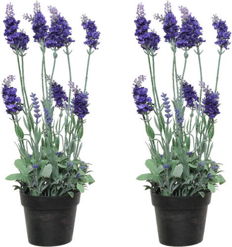 Everlands 2x stuks lavendel kunstplant in pot - paars - D18 x H38 cm - Kunstplanten