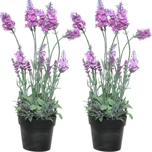 Everlands 2x stuks lavendel kunstplant in pot - roze paars - D18 x H38 cm - Kunstplanten