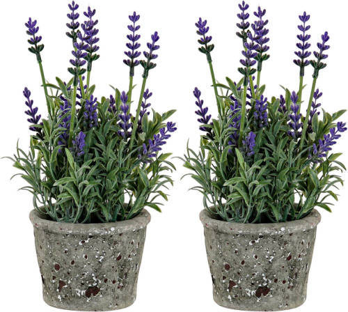 Items Lavendel bloemen kunstplant in bloempot - 2x - paarse bloemen - 10 x 22 cm - bloemstuk - Kunstplanten