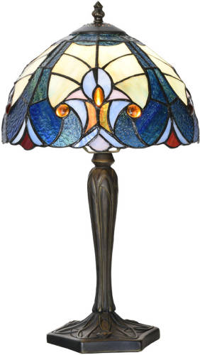 Clayre & Eef LumiLamp Tiffany Tafellamp Ø 25x40 cm Blauw Glas Tiffany Bureaulamp Blauw Tiffany Bureaulamp