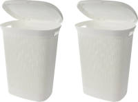 Bathroom Solutions Wasmand met deksel rotan gevlochten - 2x - wit - kunststof - 60 liter - 60 x 46 x 37 cm - Wasmanden