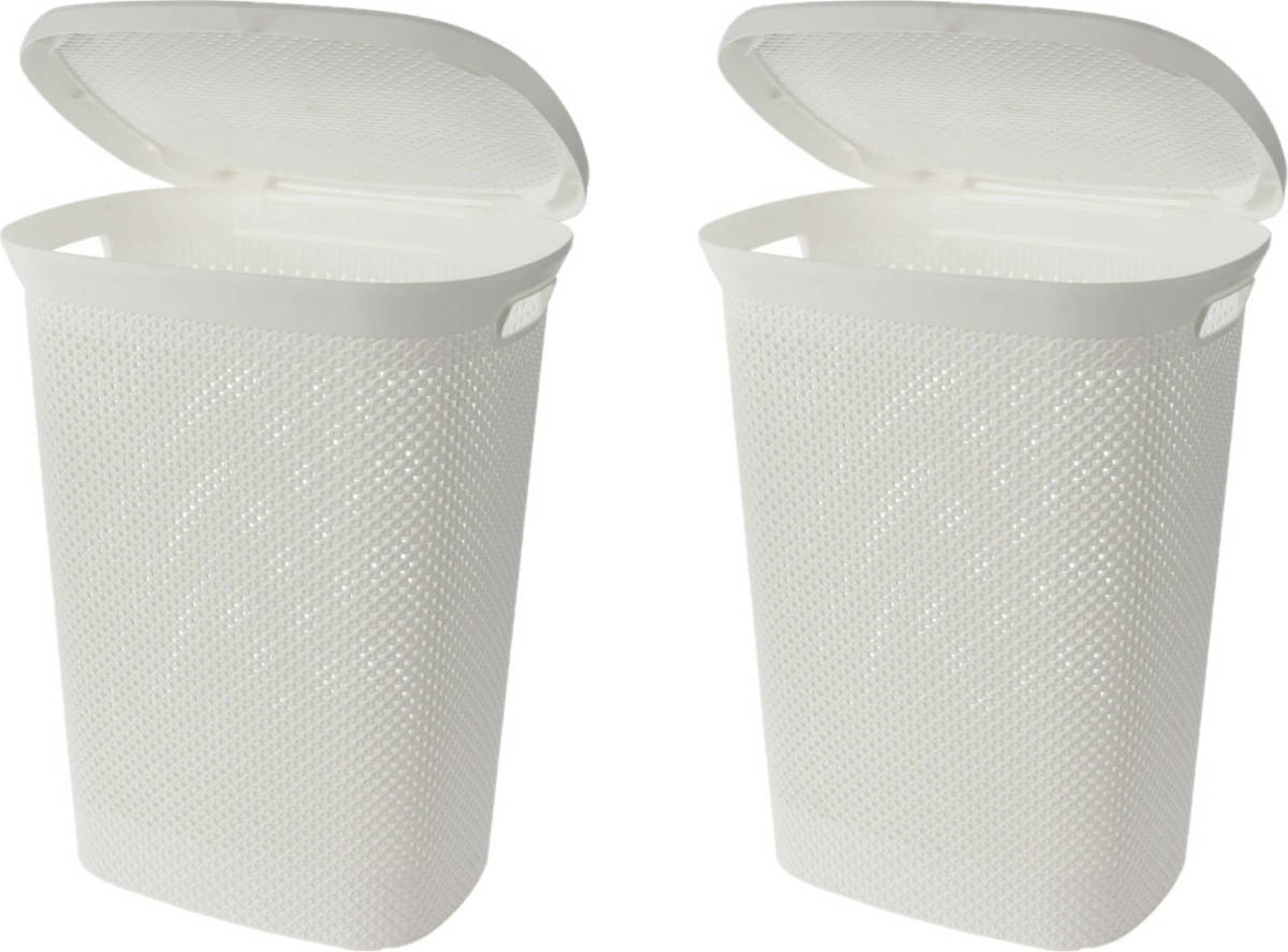 Bathroom Solutions Wasmand met deksel rotan gevlochten - 2x - wit - kunststof - 60 liter - 60 x 46 x 37 cm - Wasmanden