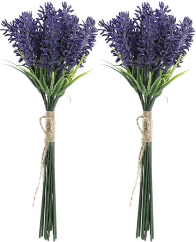 Items Lavendel kunstbloemen - 2x - bosje met stelen van paarse bloemetjes - 10 x 26 cm - Kunstplanten