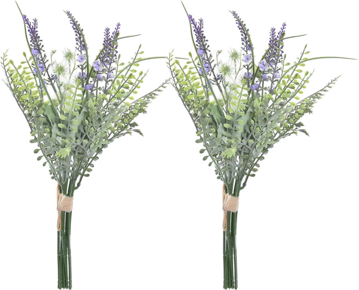 Items Lavendel kunstbloemen - 2x - bosje met stelen van paarse bloemetjes - 14 x 42 cm - Kunstplanten