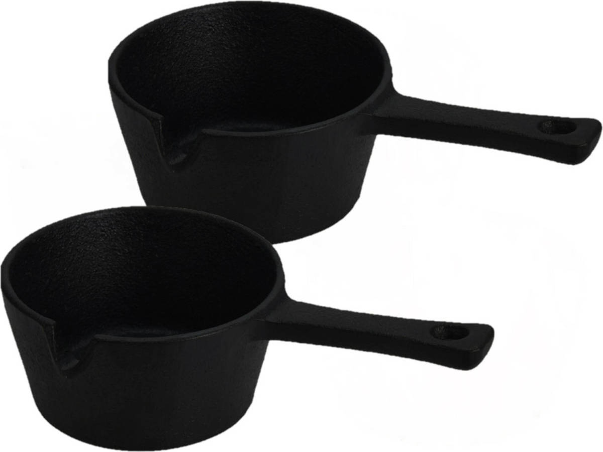 Excellent Houseware Gietijzeren saus/tapas/serveerpannetje met steel - 2 stuks - D9,5 cm - Braadpannen