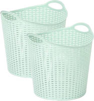 Forte Plastics Plasticforte Gevlochten wasmand/opbergmand - 2x - flexibel - lichtgroen - 27 liter - rond - kunststof - Wasmanden
