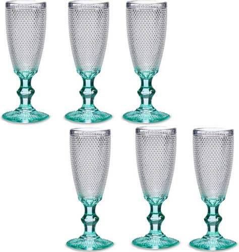 Vivalto Luxe Monaco serie Champagneglazen set 12x stuks op turquoise blauwe voet 180 ml - Champagneglazen