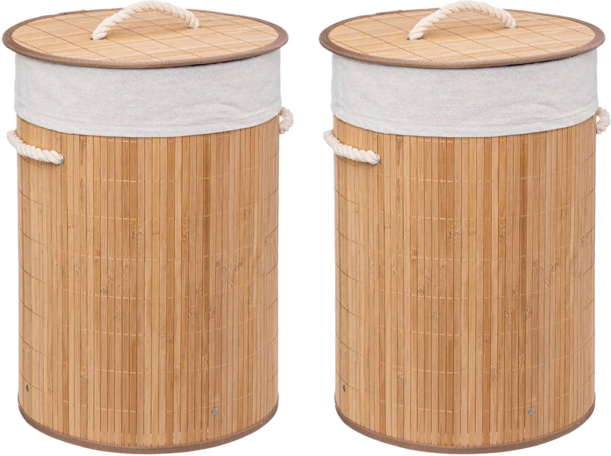 5five Wasmand van bamboe - 2x - 48 liter - 35 x 50 cm - met deksel - Wasmanden