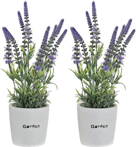Items Lavendel bloemen kunstplant in bloempot - 2x - paarse bloemen - 10 x 36 cm - bloemstuk - Kunstplanten