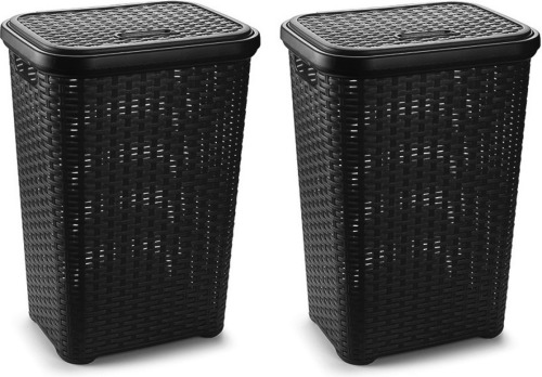 Forte Plastics Wasmand rotan met deksel van 60 liter - set 2x stuks - 35 x 43 x 62 cm zwart - Wasmanden