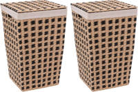 5five Wasmand gevlochten Riet - 2x - beige/zwart - 40 liter - 33 x 33 x 53 cm - met deksel - Wasmanden