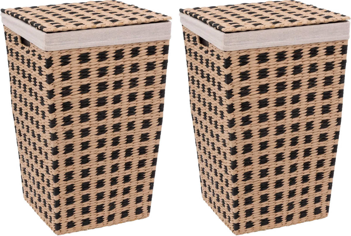 5five Wasmand gevlochten Riet - 2x - beige/zwart - 40 liter - 33 x 33 x 53 cm - met deksel - Wasmanden