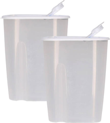 Excellent Houseware Voedselcontainer strooibus - 2x - wit - 2,2 liter - kunststof - 20 x 9,5 x 23,5 cm - Voorraadpot