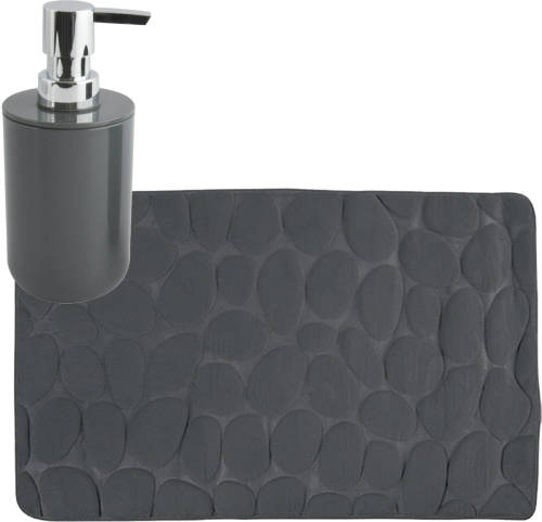 MSV badkamer droogloop mat/tapijt Kiezel - 50 x 80 cm - zelfde kleur zeeppompje - donkergrijs - Badmatjes