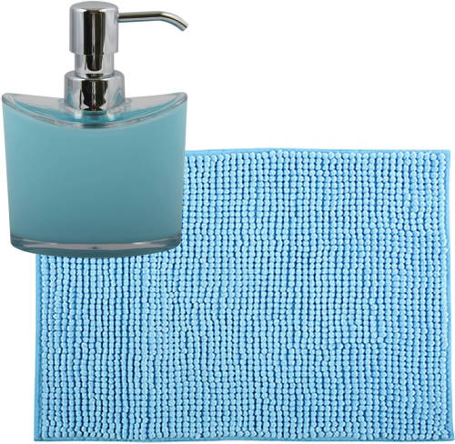MSV badkamer droogloop mat/tapijtje - 50 x 80 cm - en zelfde kleur zeeppompje 260 ml - lichtblauw - Badmatjes