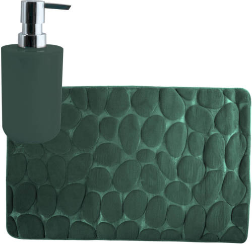MSV badkamer droogloop mat/tapijt Kiezel - 50 x 80 cm - zelfde kleur zeeppompje - donkergroen - Badmatjes