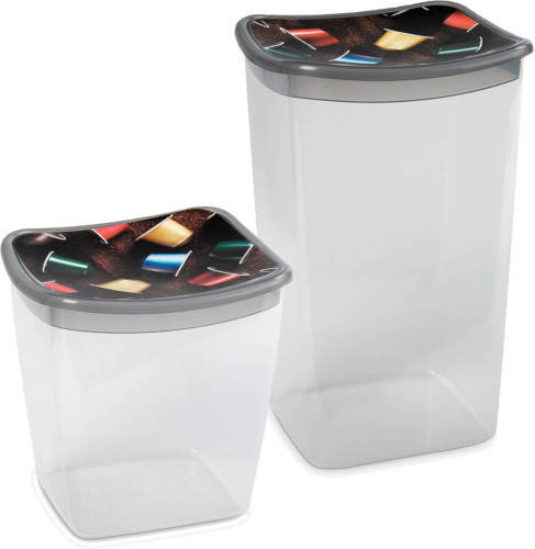 Hega Hogar Set van 2x stuks Koffiecups bewaarbakjes 1,1 en 1.9 liter transparant/grijs plastic - Vershoudbakjes
