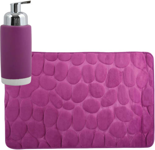 MSV badkamer droogloop mat/tapijt Kiezel - 50 x 80 cm - zelfde kleur zeeppompje - paars - Badmatjes