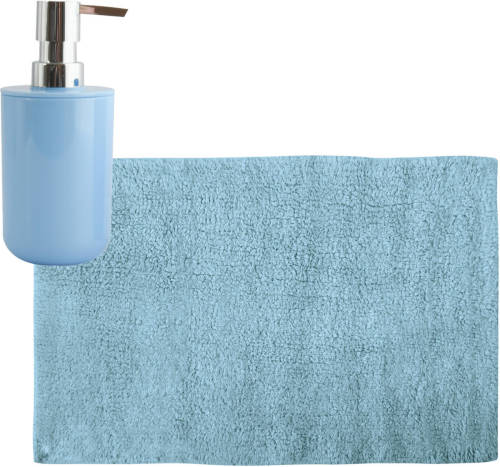 MSV badkamer droogloop mat/tapijt - 40 x 60 cm - met zelfde kleur zeeppompje 260 ml - lichtblauw - Badmatjes