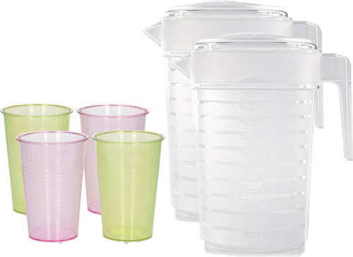 Forte Plastics 3x stuks water/limonade schenkkannen 2 liter met 24x kunststof glazen voordeelset - Schenkkannen