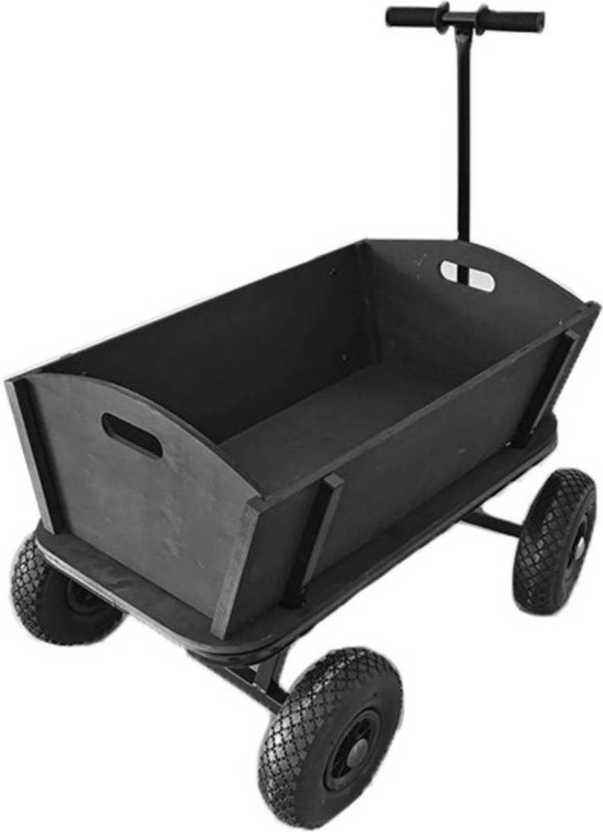 No brand Houten Bolderkar / Bolderwagen met Luchtbanden - Black Edition - Zwart
