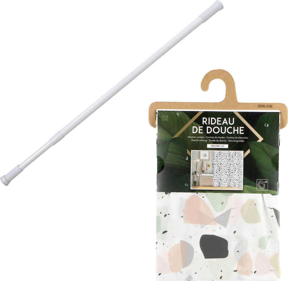 Urban Living Douchegordijn met ringen - wit/mozaiek - pvc - 180 x 180 cm - incl ophangstang uitschuifbaar 70-120 cm - Douchegordijnen