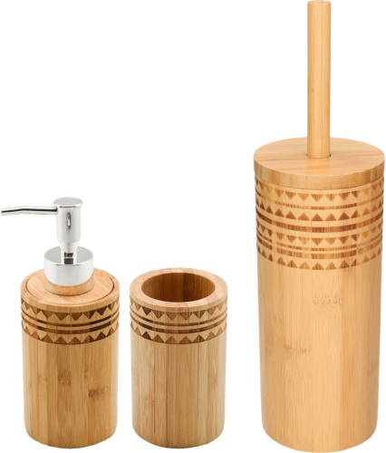 Items WC/Toiletborstel met houder 24 cm en zeeppompje/beker bamboe hout - Badkameraccessoireset